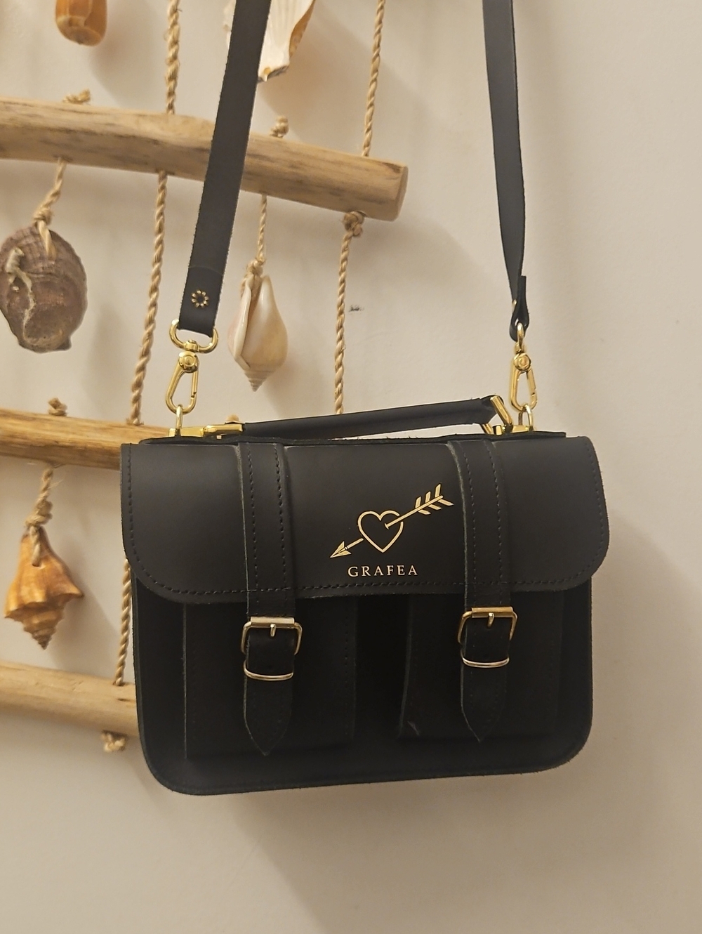 Grafea Black Leather Satchel with Gold Accent Hardware